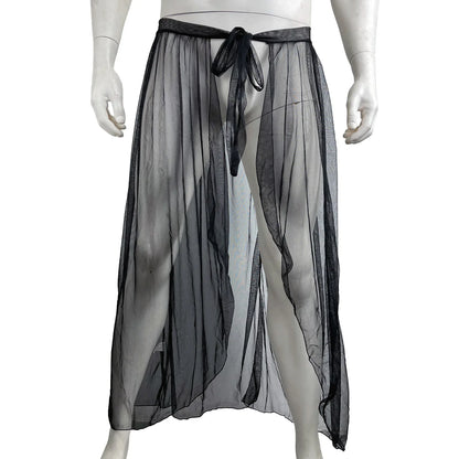CLEVER-MENMODE Sexy Mesh Sleep Bottoms Men Pajamas See Through Long Sleepwear  Side Spilt Nightdress Transparent Culottes