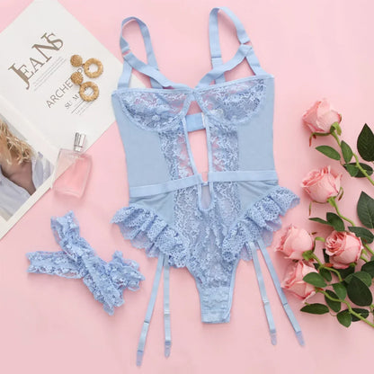 Floral Lace Garter Lingerie Set With Choker Women Intimates 2025 Underwire Bra And Thongs Ladies Underwear Set