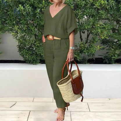 2 Piece Sets Women Outfit Women Suits Gray V-Neck Short Sleeve Tops
