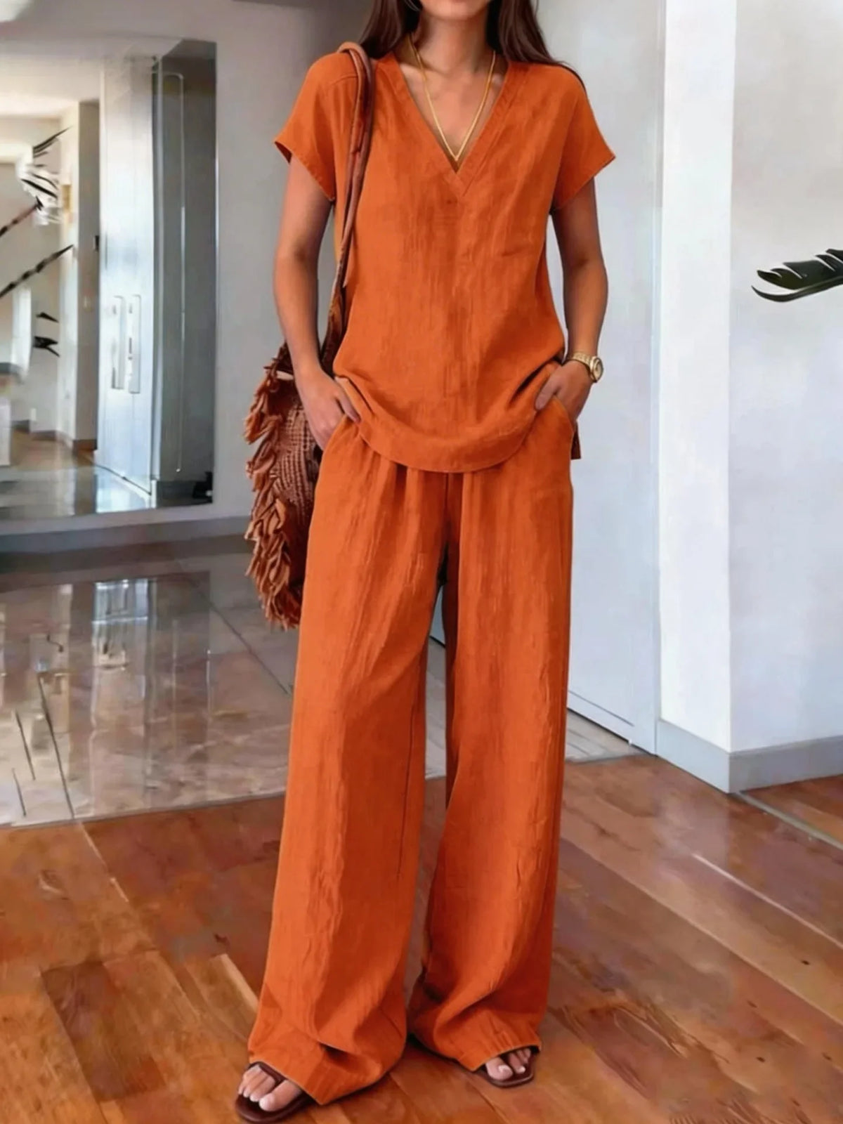 Loose Summer Trousers Set Solid Color Simple Daily Comfortable V-neck Short-sleeved Pullover Top Wide-leg Trousers Two-piece Set