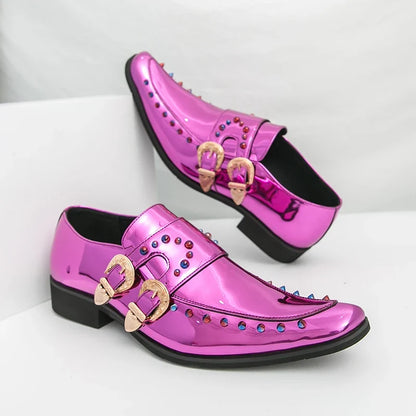 New Gold Men Dress Shoes Rivet Breathable Square Toe Double Buckle