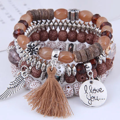 DIEZI Bohemian Multicolor Pink Crystal Beads Bracelets Women Girls Elastic Tassel Wing Letters Rope Bracelet Pulseira Feminina