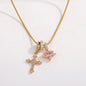 Heart Cross Pendant Necklace for Women Stainless Steel Necklace 14K Gold Plated Snake Chain Necklace with Pink Zircon Heart & Cross Charms, Hypoallergenic Dainty Layering Pendant Necklace Jewelry Gift for Women Girls Valentin