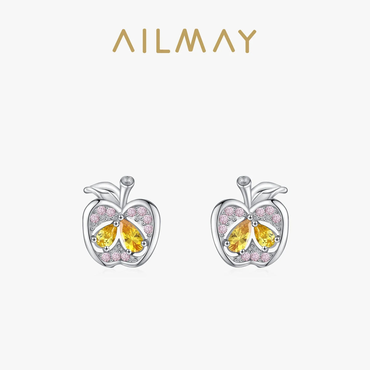 Ailmay Real 925 Sterling Silver Cute Fine Apple Rainbow Zirconia Fruit Stud Earrings For Women Girls Party Accessories Jewelry