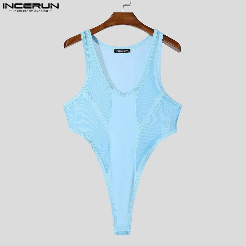 INCERUN American Style Bodysuits Fashion Mens Mesh Splicing Side High Slit Triangle Jumpsuits Sexy Homewear Sleeveless Jumpsuits