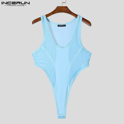 INCERUN American Style Bodysuits Fashion Mens Mesh Splicing Side High Slit Triangle Jumpsuits Sexy Homewear Sleeveless Jumpsuits