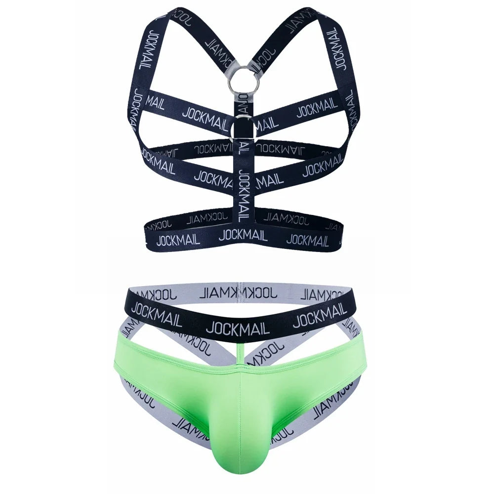Sexy Gay Men Underwear Bondage Mens Harness Thongs Set Body Chest Costume G-string Jockstrap Lingerie Man Halter Neck Hollow Out