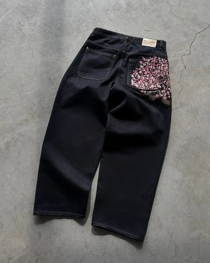 Sakura embroidered jeans Personalized street fashion wide legs wide legs multifunctional washing spread couple hip hop pants