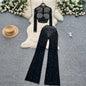 Fashion See Through Mesh Rhinestone Chic Long Sleeve Slim Short Top High Waist Wide Leg Pants Evening High Street Two-piece Sets