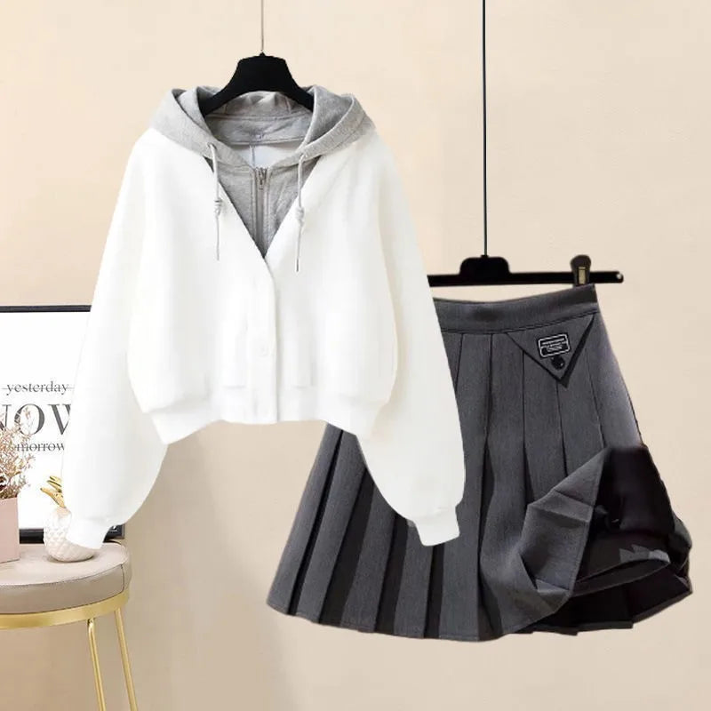 Hooded Zipper Top & Pleated Skirt Set Streetwear