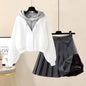 Hooded Zipper Top & Pleated Skirt Set Streetwear