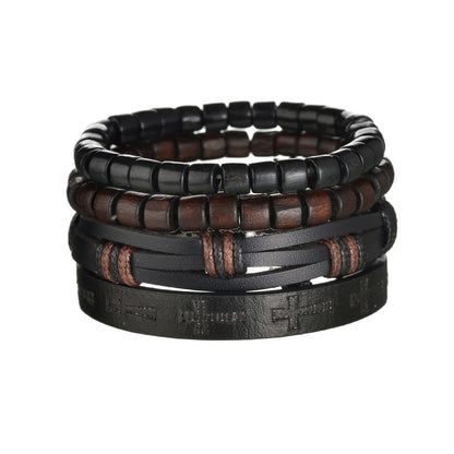 New Trendy Retro 4pcs/Set Bracelets & Bangles Men's Multilayer Black Leather Jewelry Charm Pulseiras Boyfriend Wristband