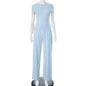 Casual Long Pants Suits Women O-Neck Short Sleeve T-Shirt Elastic