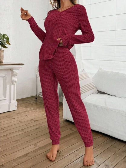 Casual V-Neck Knitted Pit Strip T-Shirt Long-Sleeved Womes Suit Autumn