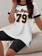 2025 Women New Slit Printed Top Round Neck T-shirt + Sports Shorts Fashionable Casual Women Sports Style Comfortable Shorts Suit