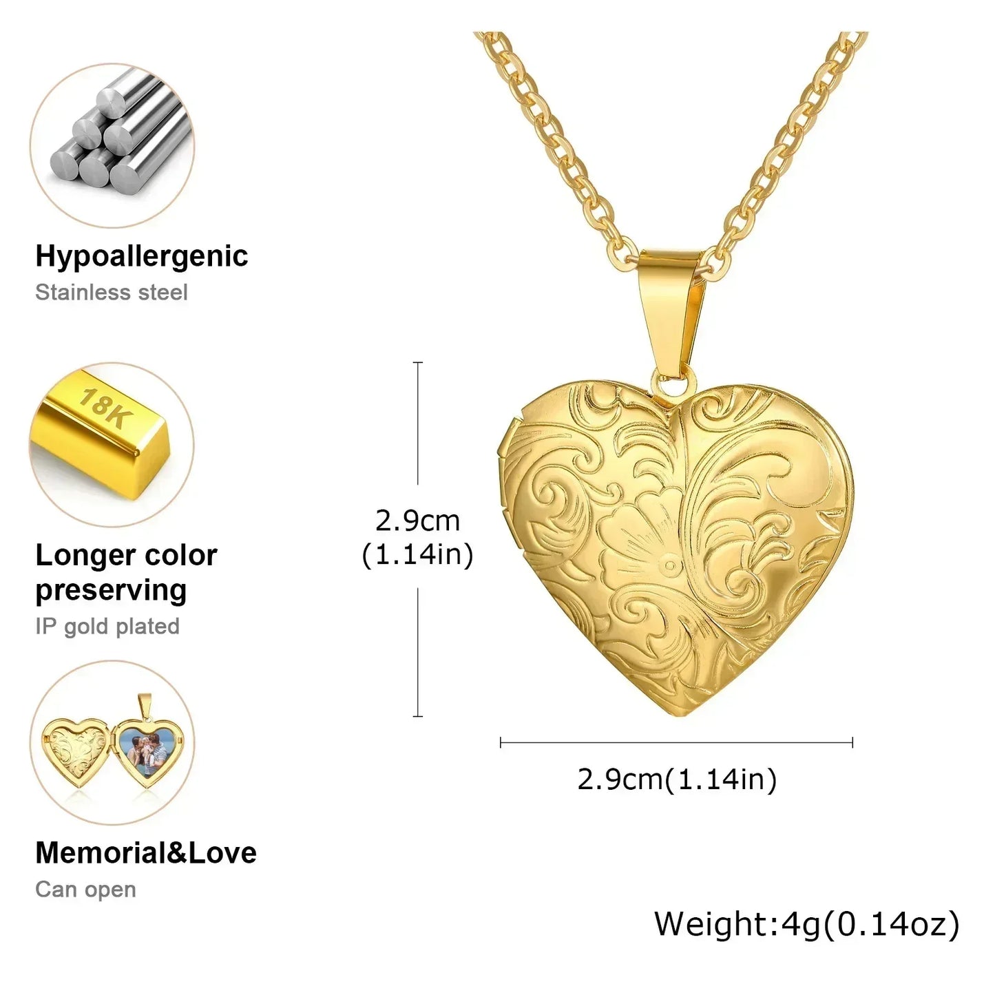 Vnox Stainless Steel Heart Locket Necklace Pendant with Photo Frame, Elegant Gold Plated Design Womens Gift