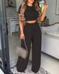 Spring Summer Flower Print Slim Suit Women Sexy O-Neck Short Sleeve Short T-shirt Top High Waist Wide Leg Pants Trousers Suit