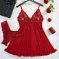 2 Pcs Set Sexy Lingerie Set Women Deep V Slip Dress Thong Erotic Bra Panty Sets Lace Nightdress Transparent Soft Nightgown
