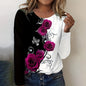 Women's Casual O-neck T-shirt Black and White Rose Print Long Sleeve T-shirt Loose Clothes Ladies Home Clothes Fashion Print