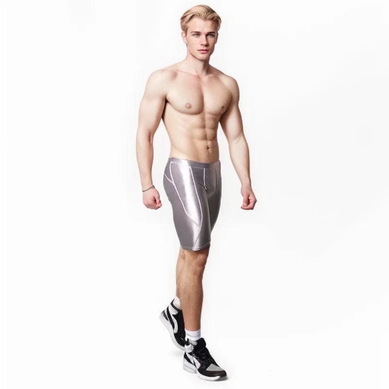 AMORESY Men's Sexy Smooth Shiny Medium Waist Sportswear Elastic Tights Silk Pants Running Sports Breathable Fitness Beach Shorts