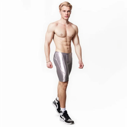 AMORESY Men's Sexy Smooth Shiny Medium Waist Sportswear Elastic Tights Silk Pants Running Sports Breathable Fitness Beach Shorts
