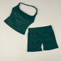 VEQKING Seamless 2pcs Women Yoga Sets Open Back Longline Sports Halter Bras Running Tank Tops Scrunch Butt Gym Workourt Shorts