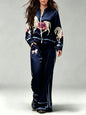 Autumn Animal Print Coat Trousers Suit Women Zipper Casual Long Sleeve