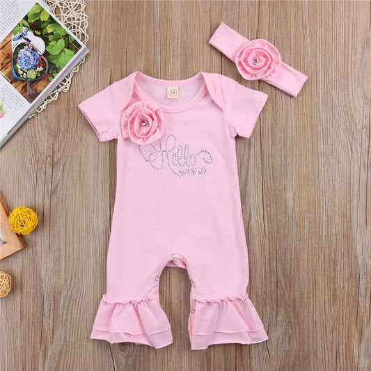 0-18months Baby Girls Romper with Headband Solid Pink Summer Short