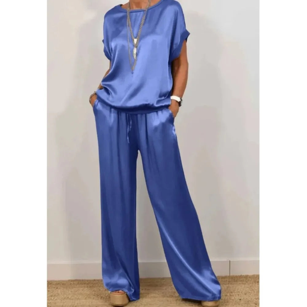 2-Piece Set Fashion Satin O Neck T-Shirt Top Trousers Summer Retro