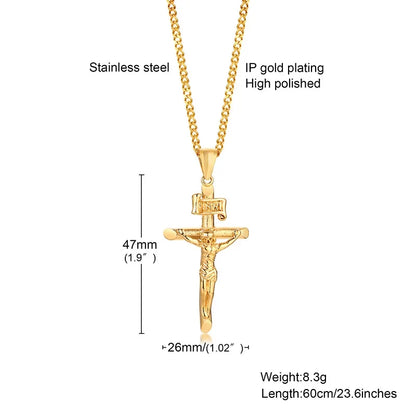 Stainless Steel Cross Necklace Catholicism Jesus Pendant Gold Color Collar Church Prayer Faith Jewelry for Men Women Gift