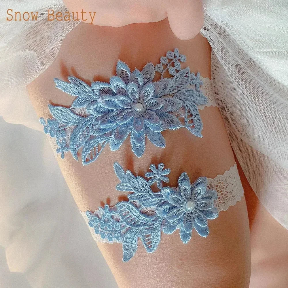 K03 2 PCS Sexy Lace Flower Crystal  Pearls Wedding Garter Belt Thigh Ring Bridal Leg Garter Stocking Garter Belt Girl Women