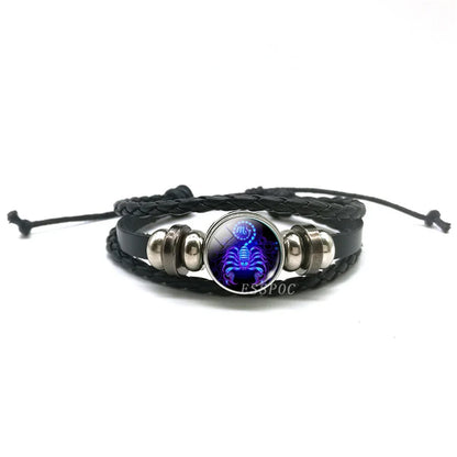 New Men 12 Constellation Black Braided Leather Bracelet Punk Style Zodiac Sign Multilayer Weave Wrap Bracelet For Birthday Gifts