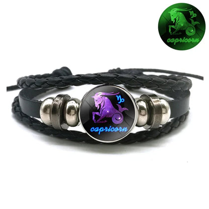 Birthday Present 12 Constellation Luminous Bracelet Leather Bracelet Zodiac Charm Bracelet for Men Women