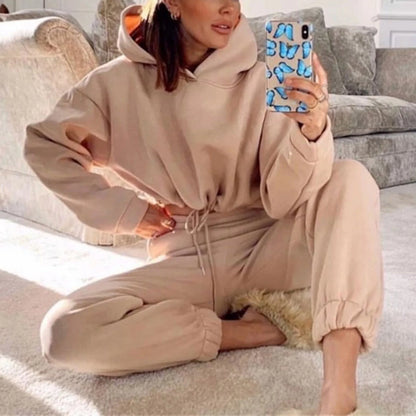 Winter Tracksuit Women Two Piece Set - Oversized Hoodie Sweatpants Solid Color Sportswear Suit |Casual Sweatshirt Trouser Set