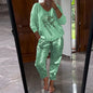 Women's Gold Shining Eye 2 Piece Set Long-Sleeved Top V-Neck Pullover Bronzing Pants Outfit Lace-up Loose Suit Spring Summer