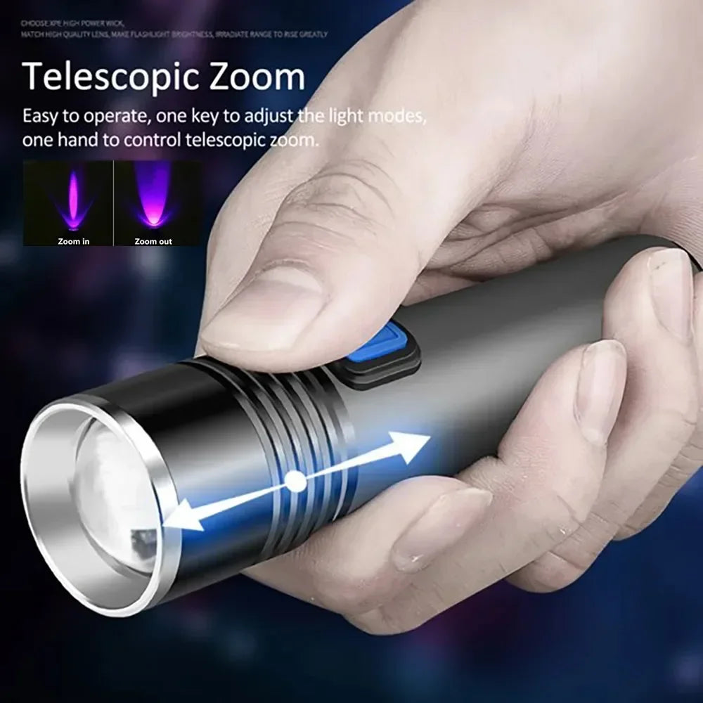 395nm UV Flashlight Blacklight USB Rechargeable Zoomable UV Light Ultraviolet Flashlight for Pet Urine Detector Resin Curing