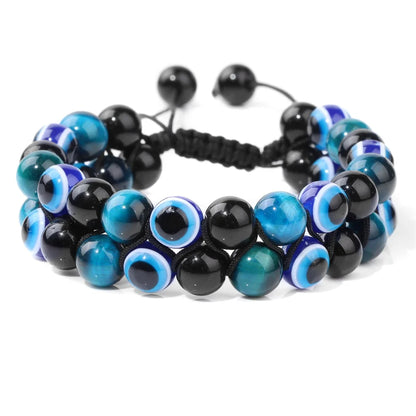 Men Triple Protection Stone Bead Bracelet Double Layers Tiger Eye Hematite Obsidian Rope Wrap Bracelet Handmade Jewelry Gift