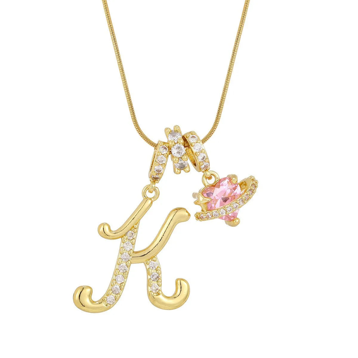 Fashion Letter Necklace for Women Pink Zircon Heart-shaped Pendant Suitable for Girls to Wear Personalized Gold-plated Jewelry