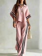 Spring Summer Women Short Sleeve Lapel Shirts Tops + Loose Striped Pants Female Casual Two-piece Clothing Set Casual Holiday Set