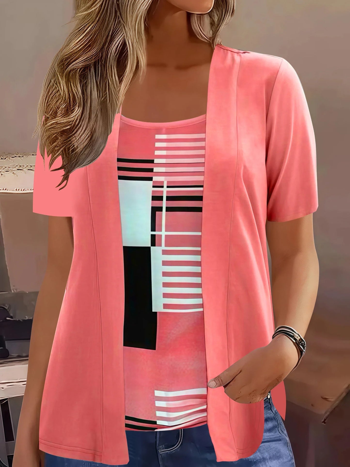 Elegant Geometric Print Mock Two-Piece T-Shirt | Plus Size Womens Summer Casual Top | Fashion Patchwork Design