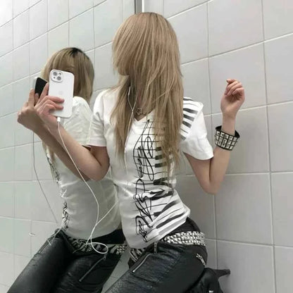 Y2K Piano Keys Grunge V-Neck Street Tee