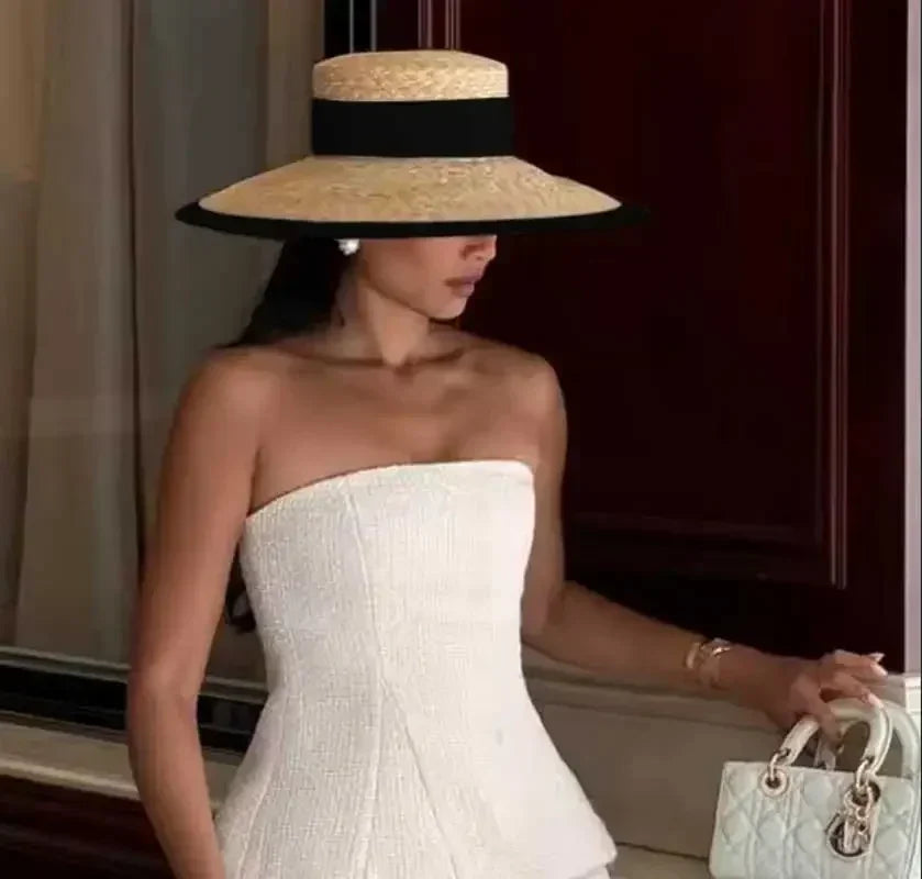 Summer Straw Hat 2024 New Flat Top French Straw Hat Elegant Women's Outdoor Vacation Sun Hat Summer Hat 모자 gorras beach