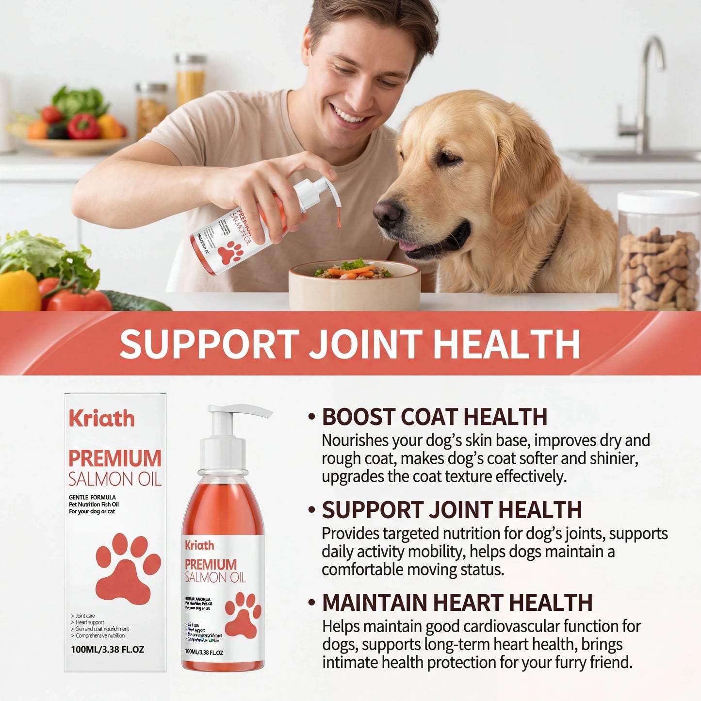 Natural Salmon Oil for Pets Dog Food Topper Liquid Vitamin E Supplement Shiny Coat and Heart Health Gentle Formula Pump Bottle