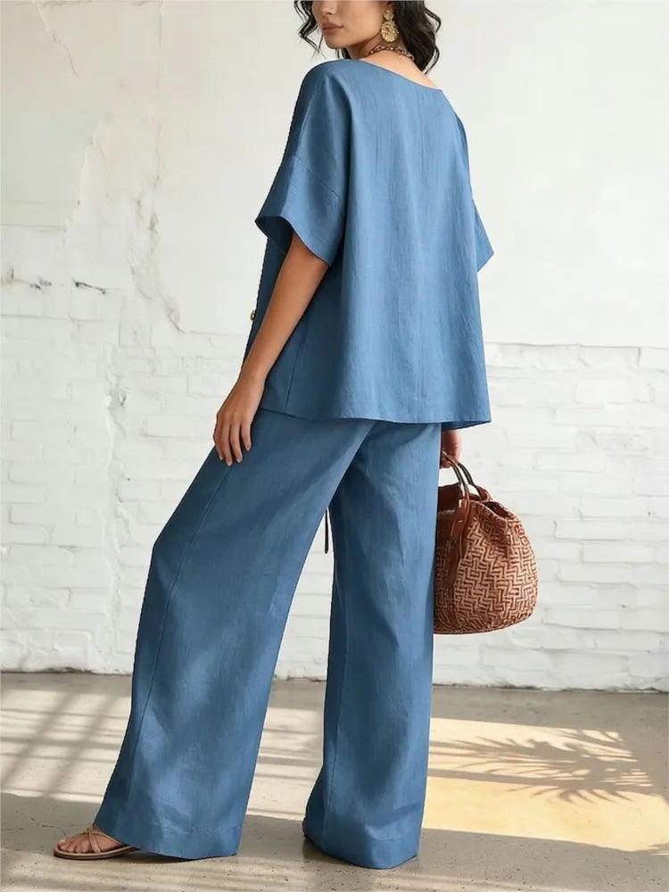 Casual Cotton Loose Pants Sets Women Summer Fashion Short Sleeve