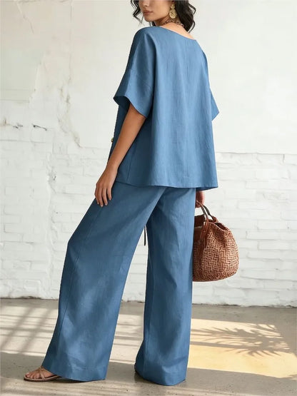 Casual Cotton Loose Pants Sets Women Summer Fashion Short Sleeve