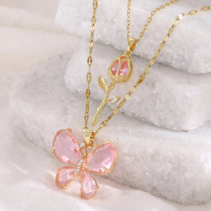 Elegant Pink Crystal Butterfly Necklace for Women High-End Zircon Flower Pendant Fashionable Jewelry Gift