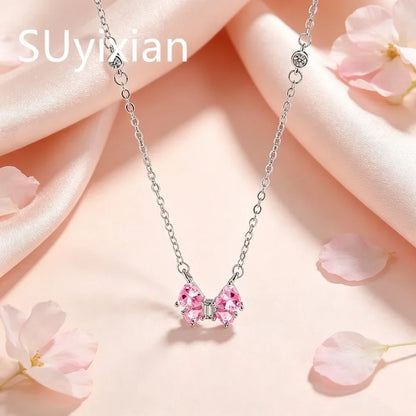 925 Sterling Silver Stylish Sweet Pink Bow Zircon Necklace Birthday Party Anniversary Gift Ladies Jewelry