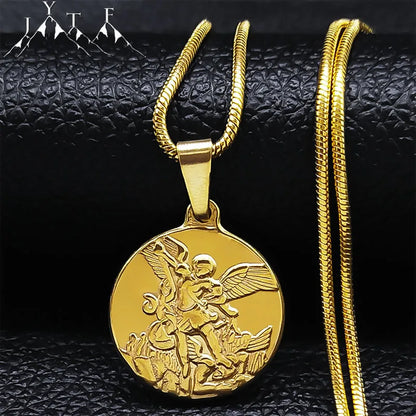 SAINT MICHAEL PROTECT US Archangel Stainless Steel Necklaces Chain Men/Women Gold Color Choker Necklace Jewelry Joyas NHH32