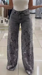 High Waist Wide Leg Jeans Pants Summer Fashionable Lace Splicing Hollow Out Denim Draping Jeans Ladies Cotton Zipper Spring