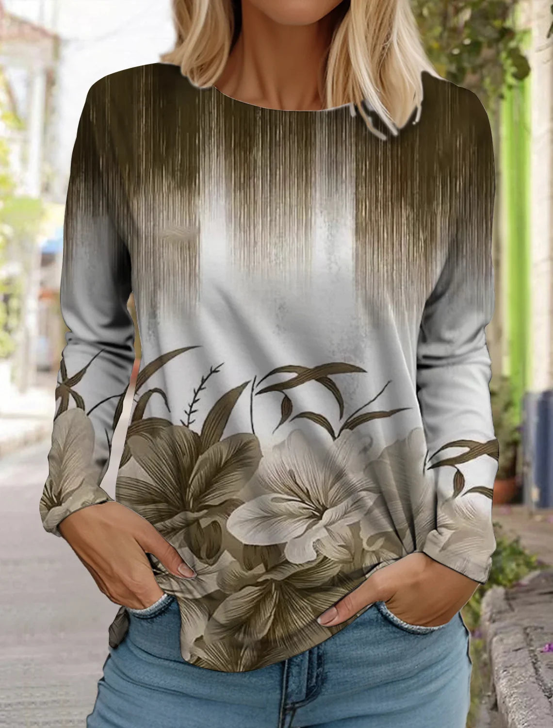 2024 women's fashion tops long sleeve round neck pullover casual long sleeve tshirt new 3d printed striped gradient floral print
